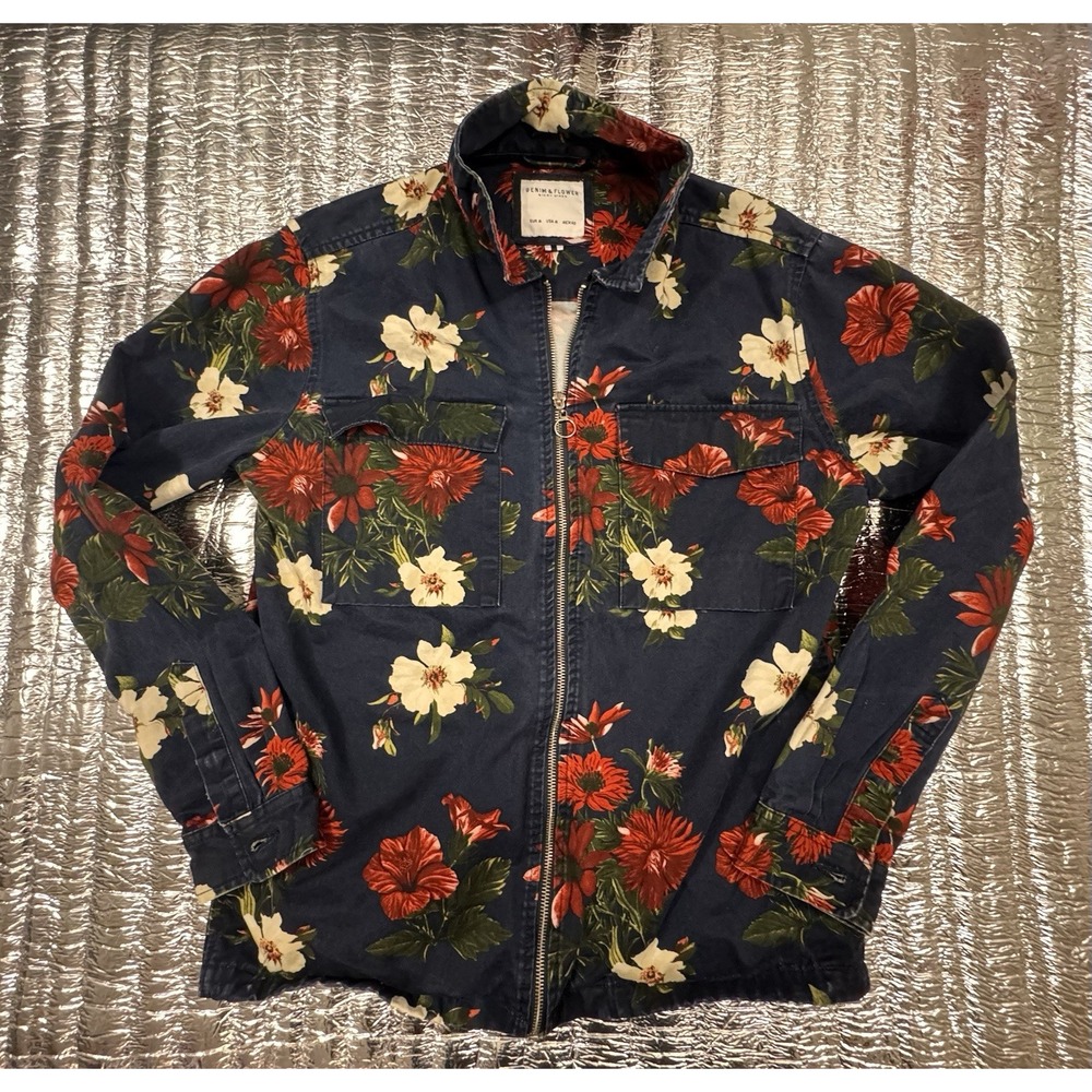 Denim & Flower Ricky Singh Floral Zip Jacket Men's Medium Blue Cotton